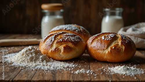 Freshly baked bread rolls on a wooden table with flour and tools.