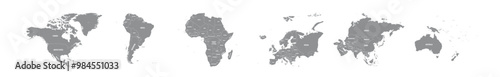 Set of six world continent maps in a row - North America, South America, Africa, Europe, Asia and Australia. Grey silhouette blank vector map