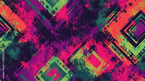 Tie dye boho wallpaper featuring a vibrant ink textured background Geometric design in green purple and red Seamless dirty art ornament in a hippie style Colorful batik pattern