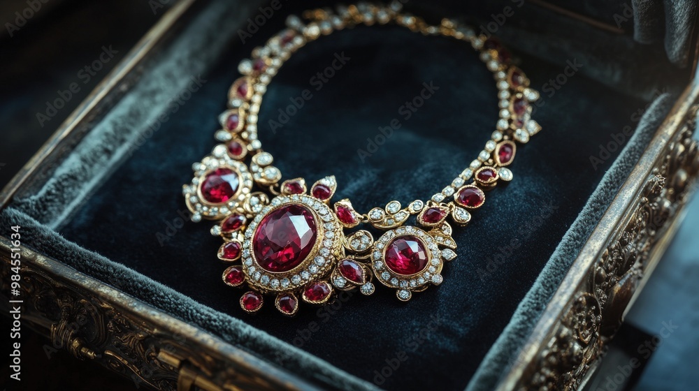 Obraz premium A luxurious ruby necklace with gold accents rests inside a velvet-lined box.
