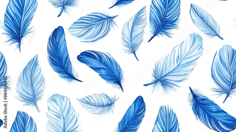Fototapeta premium Seamless pattern featuring hand drawn blue feathers