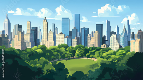 A city skyline with a park in the middle. Rooftop View. Illustration