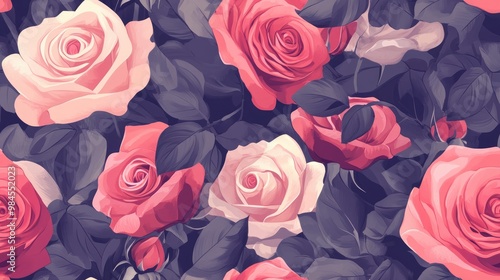 Floral illustration featuring a seamless pattern of rose flowers photo