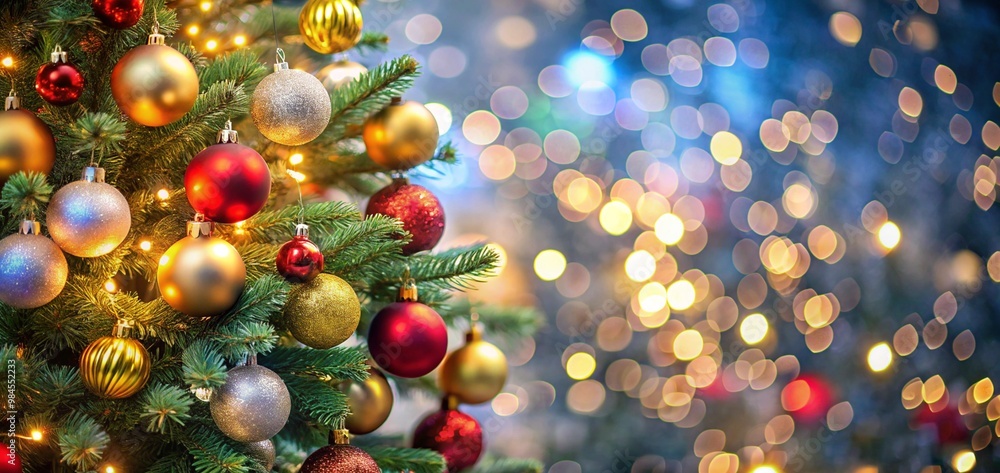 Christmas Tree With Baubles balls And Blurred Shiny Lights ornaments decoration Christmas Tree With Baubles balls And Blurred Shiny Lights ornaments decoration