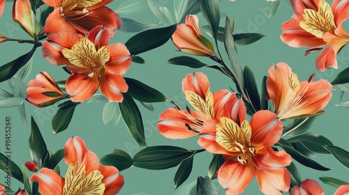 Vibrant alstroemeria floral pattern on a green backdrop photo