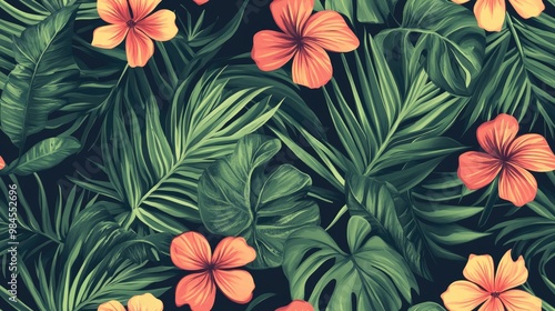 Seamless pattern featuring tropical leaves and flowers Stylish texture showcasing hand drawn exotic plants