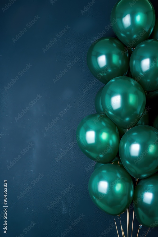 Many emerald balloons isolated on the right of a navy blue background with empty copy space for text. Many emerald balloons isolated on the right of a navy blue background with empty copy space for text.