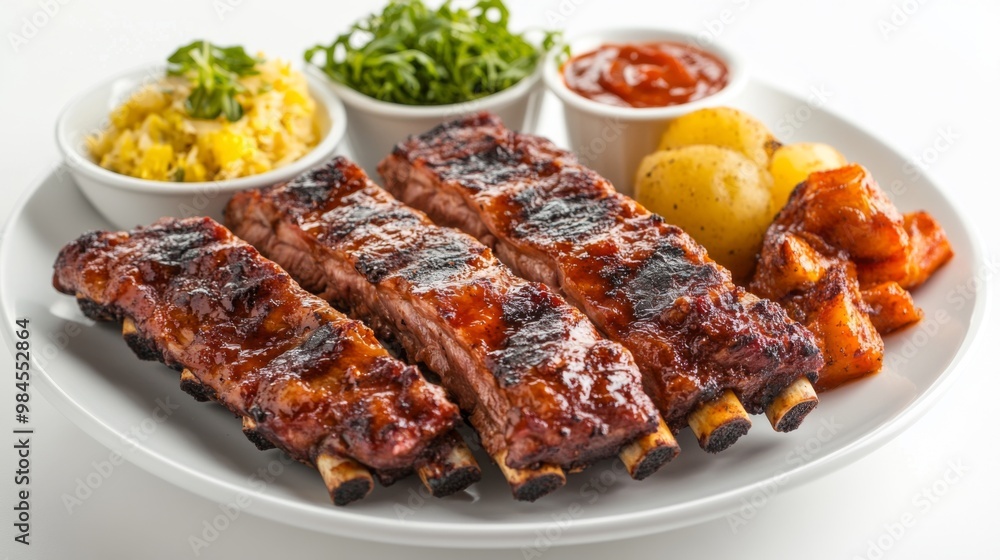 A plate of smoky grilled pork ribs served with a variety of side dishes, the ribs glistening under soft light on a clean white background. A plate of smoky grilled pork ribs served with a variety of side dishes, the ribs glistening under soft light on a clean white background.