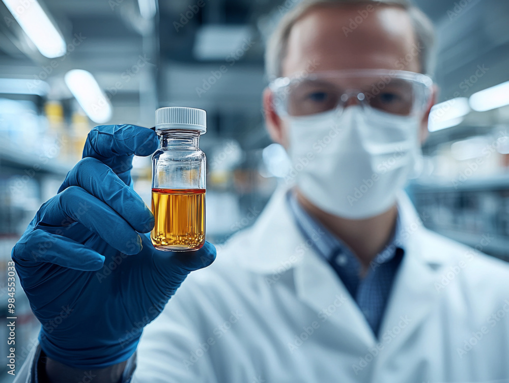 Scientist holds a small vial of amber liquid in a laboratory setting while wearing protective gear during the day to conduct experiments on chemical compounds and their properties Scientist holds a small vial of amber liquid in a laboratory setting while wearing protective gear during the day to conduct experiments on chemical compounds and their properties