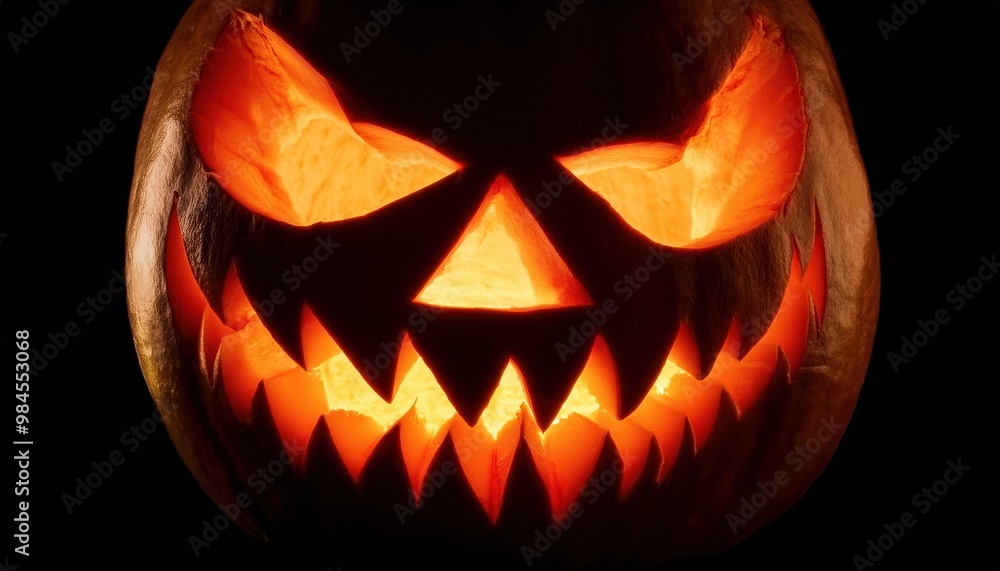 Close-up of Glowing Evil Jack-O'-Lantern with Sharp, Menacing Grin and Piercing Eyes Illuminated from Within, Emanating a Spooky Halloween Atmosphere on a Dark Background Close-up of Glowing Evil Jack-O'-Lantern with Sharp, Menacing Grin and Piercing Eyes Illuminated from Within, Emanating a Spooky Halloween Atmosphere on a Dark Background