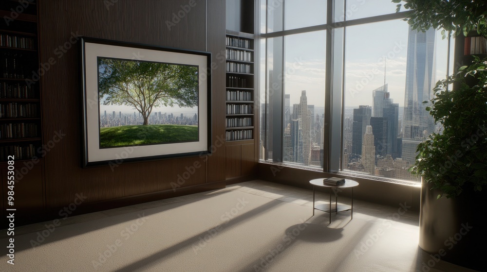 Fototapeta premium Sunlight filters through a window in a modern living space, highlighting a black-framed poster mockup on the floor and a coffee table adorned with books and plants