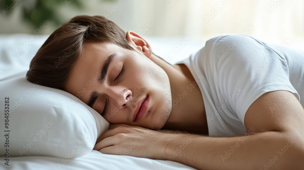 Young man peacefully sleeping on a pillow in a bright and cozy bedroom with soft natural light during the day, showcasing tranquility and relaxation in a serene environment Young man peacefully sleeping on a pillow in a bright and cozy bedroom with soft natural light during the day, showcasing tranquility and relaxation in a serene environment