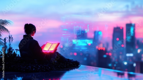 A serene silhouette reading a glowing book against a vibrant city skyline at dusk, blending nature with urban exploration.