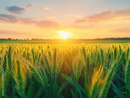 green agriculture field with the sunset in the horizon