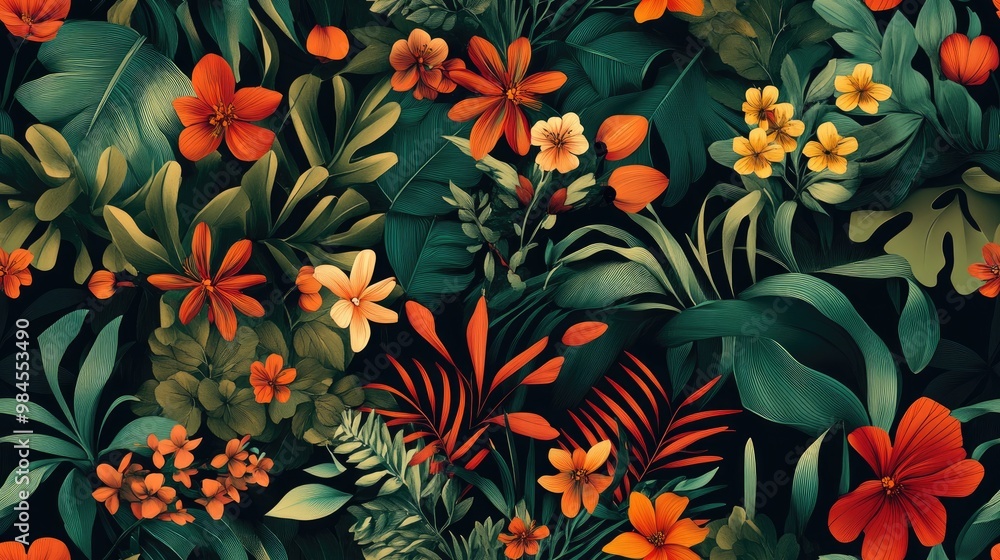 Seamless pattern featuring a vibrant floral design with plants in green red and orange hues Seamless pattern featuring a vibrant floral design with plants in green red and orange hues