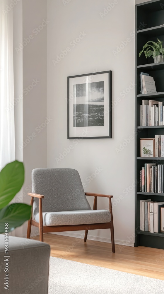 Fototapeta premium Sunlight filters through a window in a modern living space, highlighting a black-framed poster mockup on the floor and a coffee table adorned with books and plants