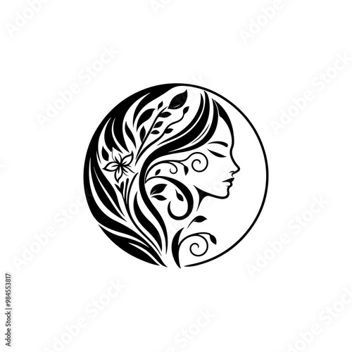 Natural beauty woman long hair logo for salon or cosmetic product with line art style. Line art floral women logo design. creative vintage editable vector floral girl illustration.