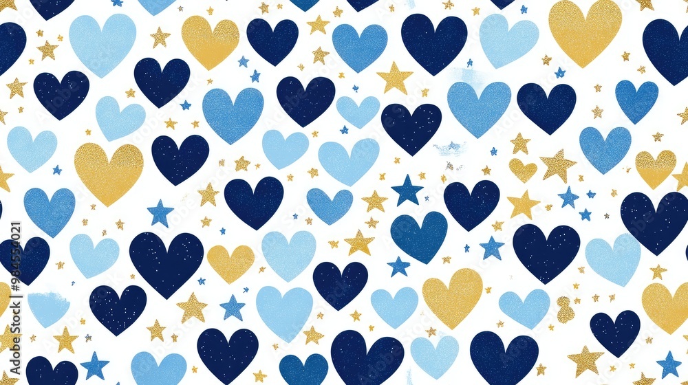Fototapeta premium Seamless heart background featuring gold blue and white hues Abstract star pattern suitable for wedding cards New Year invitations albums scrapbooking textiles and apparel