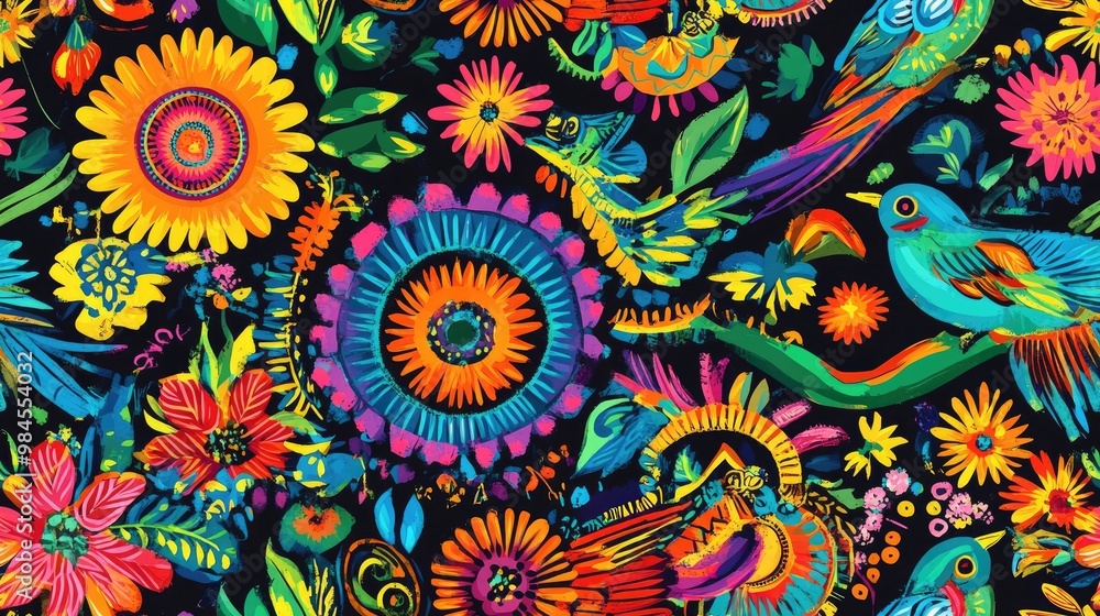Vibrant South American inspired pattern featuring birds flowers and circular ornaments in indigenous Maya and Aztec styles suitable for custom designs backgrounds and textile applications Raster i Vibrant South American inspired pattern featuring birds flowers and circular ornaments in indigenous Maya and Aztec styles suitable for custom designs backgrounds and textile applications Raster i