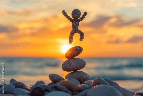 A small figure made of pebbles joyfully leaps atop a stack of stones by the shore during a vibrant sunset, creating a serene and inspiring moment at the beach photo