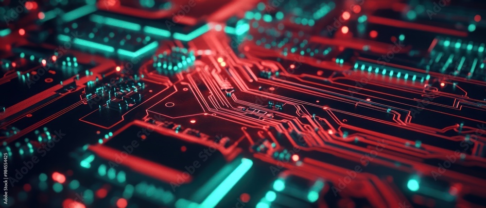 A close-up view of a circuit board with glowing red and teal elements, showcasing technology. A close-up view of a circuit board with glowing red and teal elements, showcasing technology.