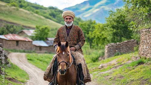  A 55-year-old man wearing traditional Azerbaijani clothing, riding a Karabakh horse along a dirt path. papakha,  long, embroidered coat. photo