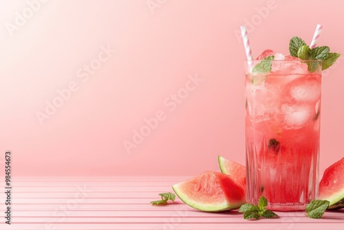 Watermelon summer cocktail with ice and mint. photo