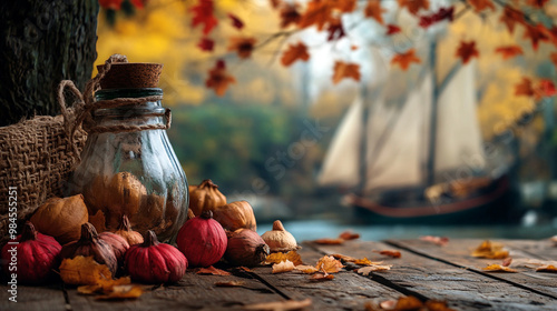 Celebrating Columbus Day with autumn decor, pumpkins, and a sailboat on a scenic lake