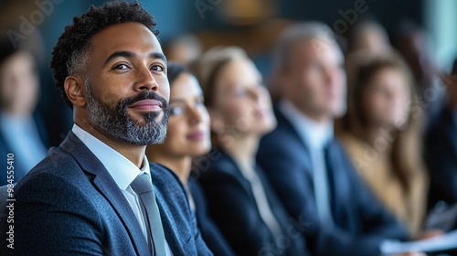 A group of business people at a conference or meeting, sitting in arow and listening to a presentation. Highlighting the focus and engagement of attendees.