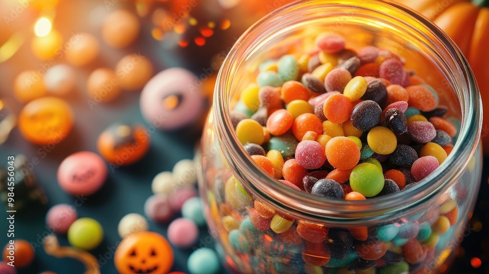 A jar full of colorful Halloween candies on a festive table, captured from a high angle, with spooky decorations adding a Halloween vibe. A jar full of colorful Halloween candies on a festive table, captured from a high angle, with spooky decorations adding a Halloween vibe.