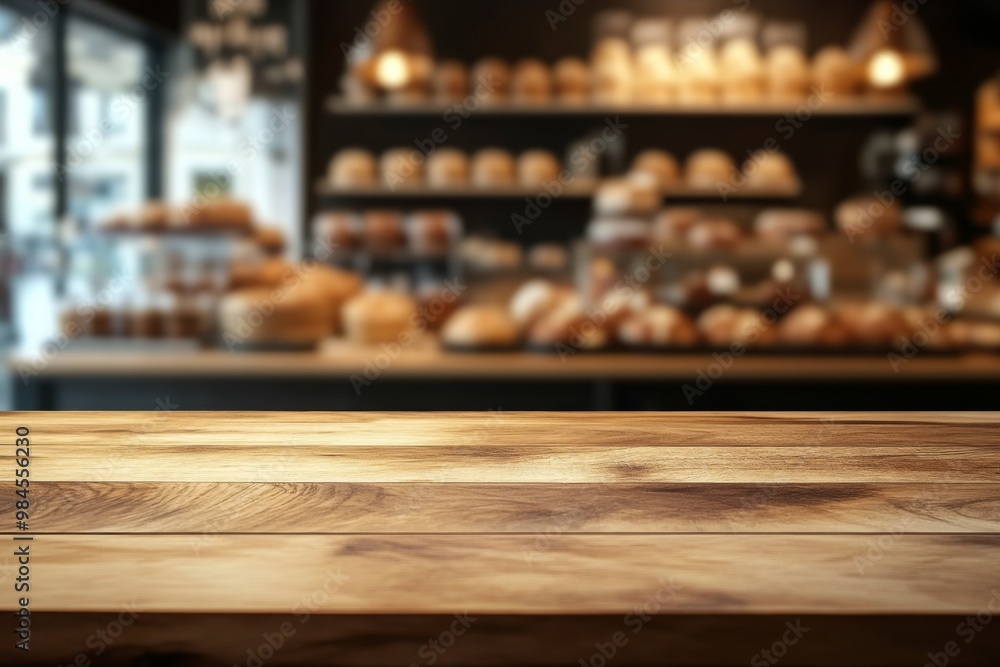 Close up of a horizontal minimalist wooden table top with a Blurred bakery shop background Close up of a horizontal minimalist wooden table top with a Blurred bakery shop background