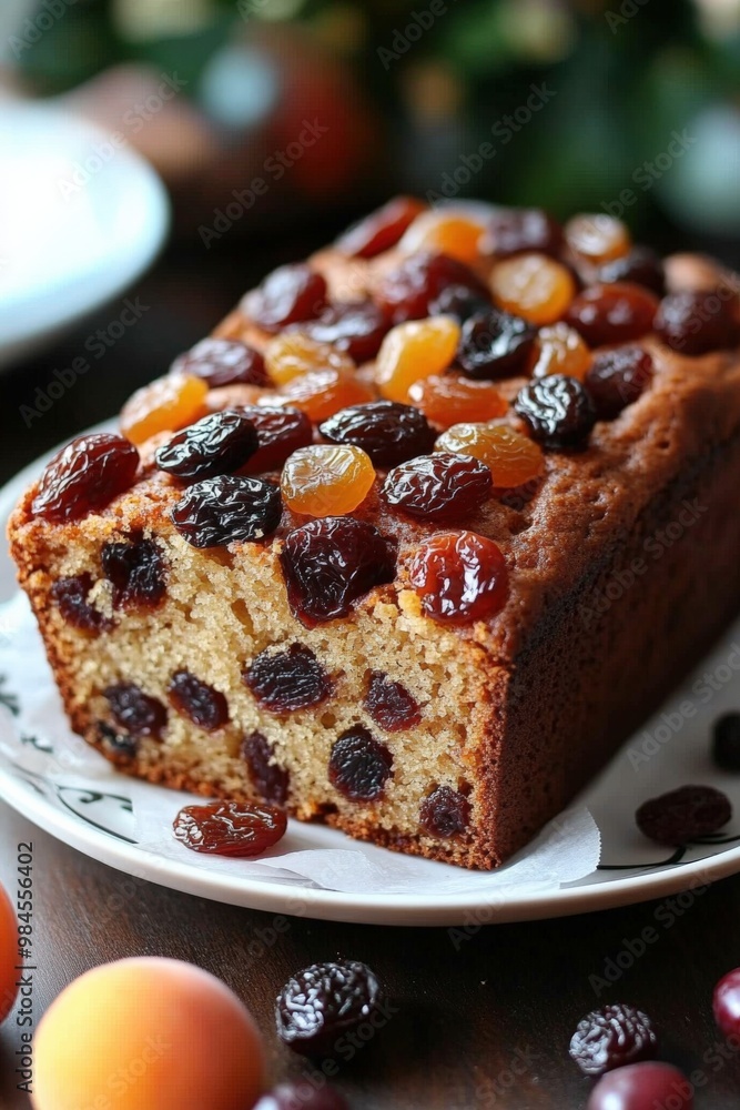 Homemade fruit loaf with mixed dried fruits served on a wooden platter Homemade fruit loaf with mixed dried fruits served on a wooden platter