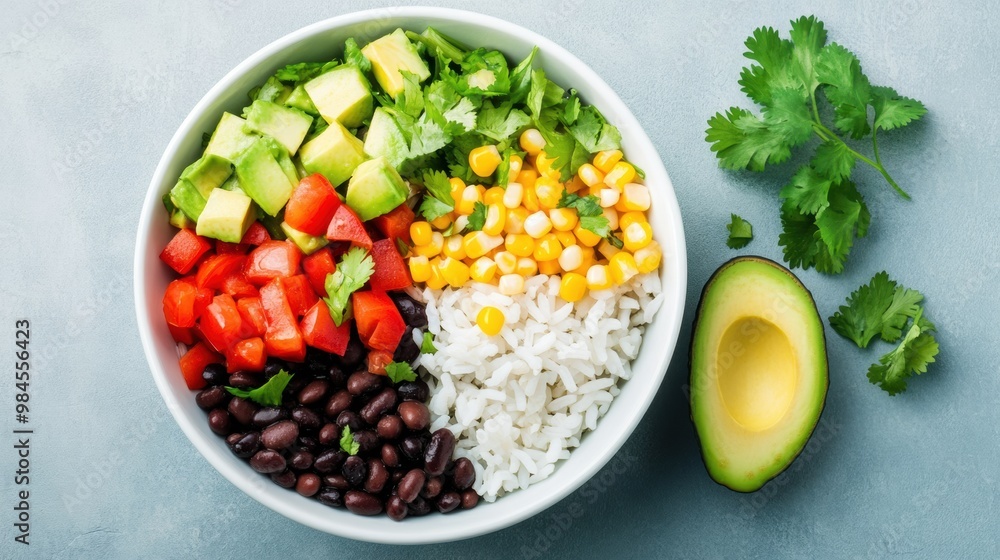Fresh and Colorful Rice Bowl with Vegetables and Avocado Fresh and Colorful Rice Bowl with Vegetables and Avocado