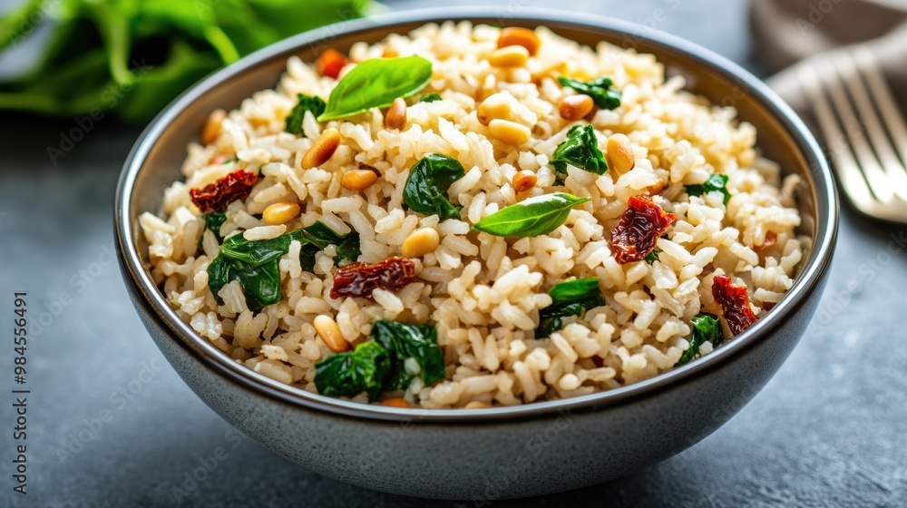 Delicious Rice Bowl with Spinach and Pine Nuts Delicious Rice Bowl with Spinach and Pine Nuts