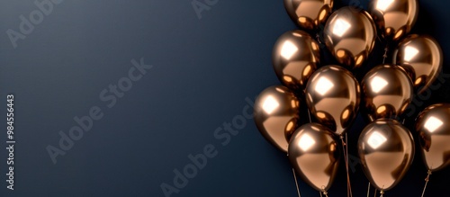 Many bronze balloons isolated on the right of a navy background with empty copy space for text.