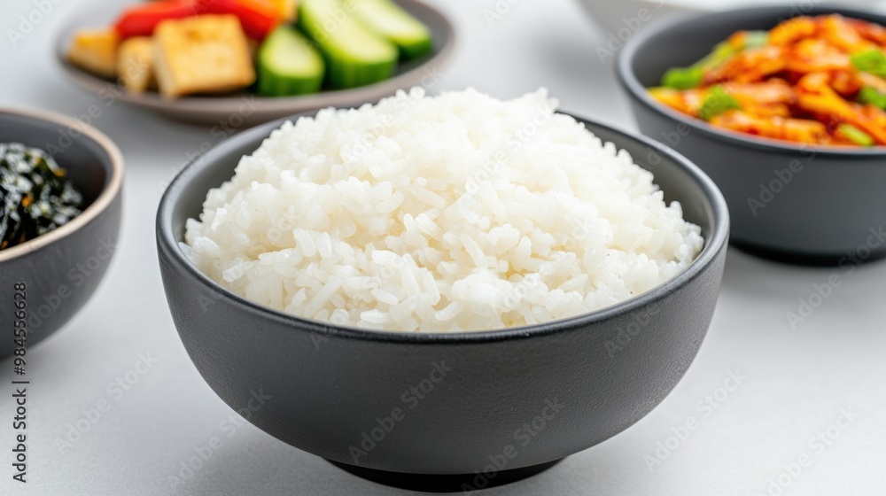Fresh Cooked Rice in Black Bowl with Side Dishes Fresh Cooked Rice in Black Bowl with Side Dishes