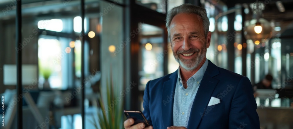 Naklejka premium Portrait of a senior gray-haired male doctor standing in a suit outside the office and using a mobile phone, reading the news, typing a message, waiting for an appointment.