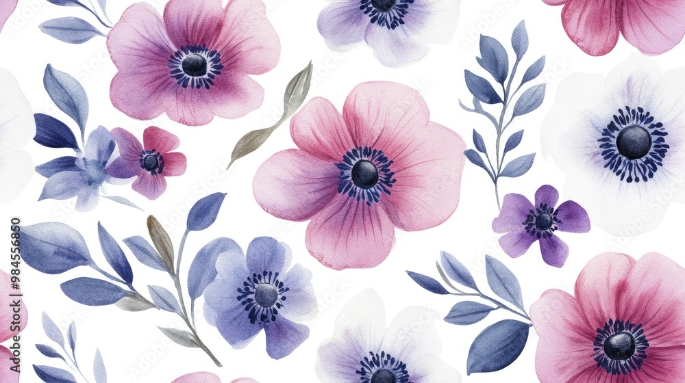 Seamless pattern featuring watercolor anemones hand drawn flowers and leaves on a white background Seamless pattern featuring watercolor anemones hand drawn flowers and leaves on a white background
