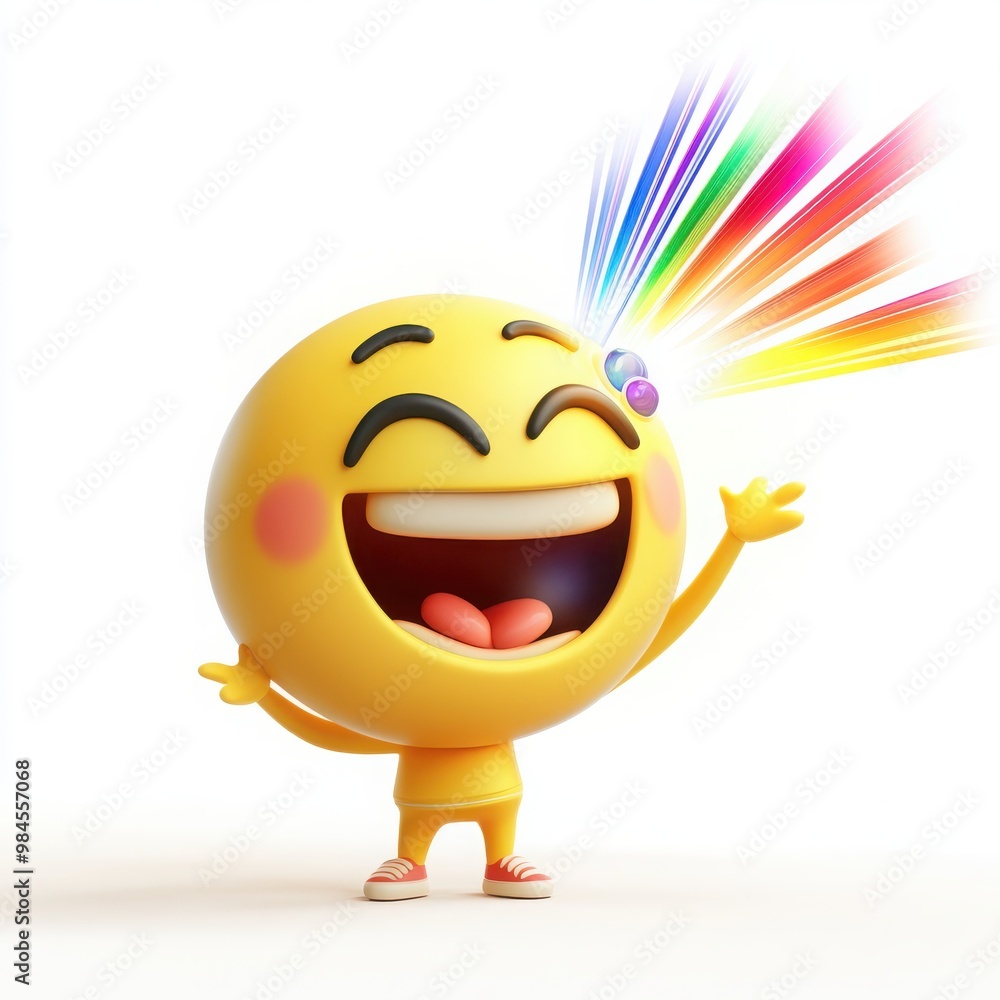 Fototapeta premium A 3D cartoon emoji holding a bright prism that shoots out beams of colorful light, showing creative expression, on a white background