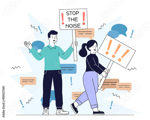 Stop noise rally. Man and woman with posters and placards. Peaceful demonstration and protest, strike. Activists and volunteers. Linear vector illustration