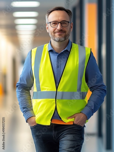 A man wearing a yellow vest and glasses stands in front of a wall