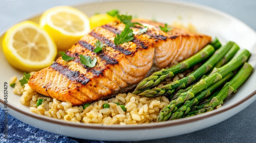 Grilled Salmon with Lemon and Asparagus on Rice Grilled Salmon with Lemon and Asparagus on Rice