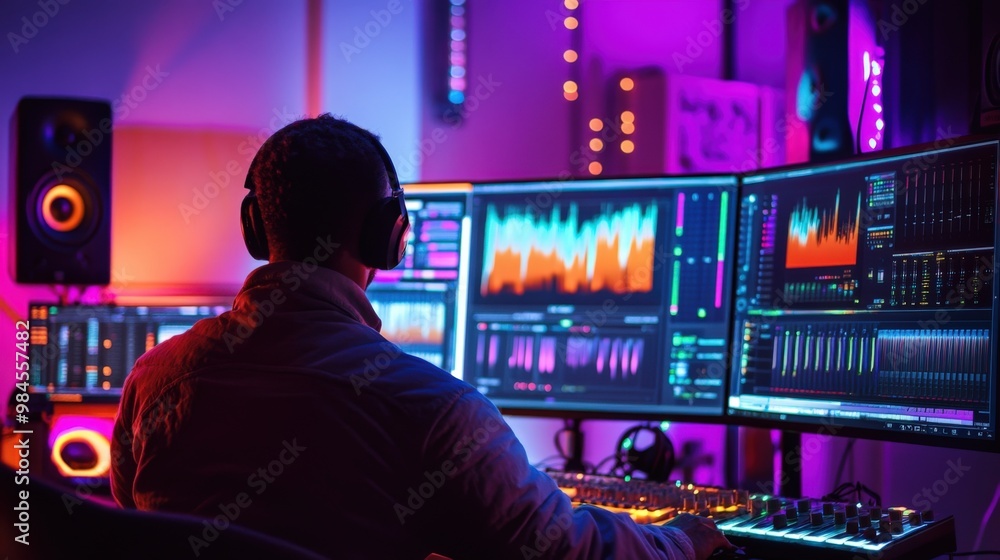Music Production Studio: A producer working at a computer, with colorful LED lights and multiple screens showing audio waveforms Music Production Studio: A producer working at a computer, with colorful LED lights and multiple screens showing audio waveforms