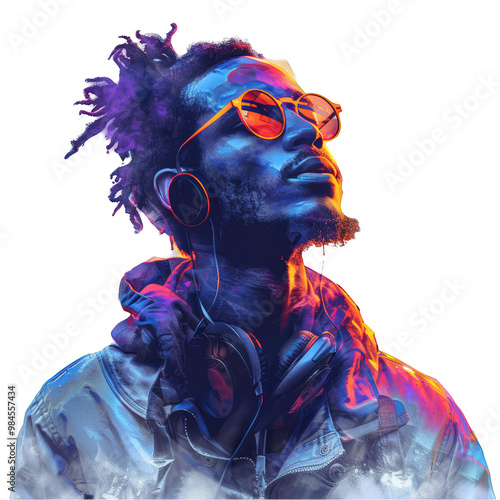 A portrait of a man wearing headphones and sunglasses with a colorful abstract background.