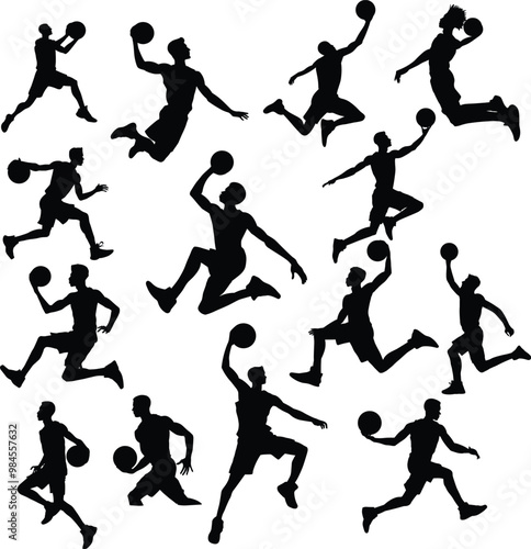 Silhouette Illustration of a set of basketball players