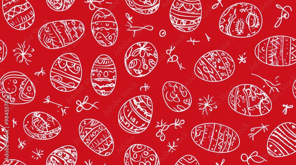 Easter egg seamless pattern in monochrome contour with white line drawing on red background Decorative design element