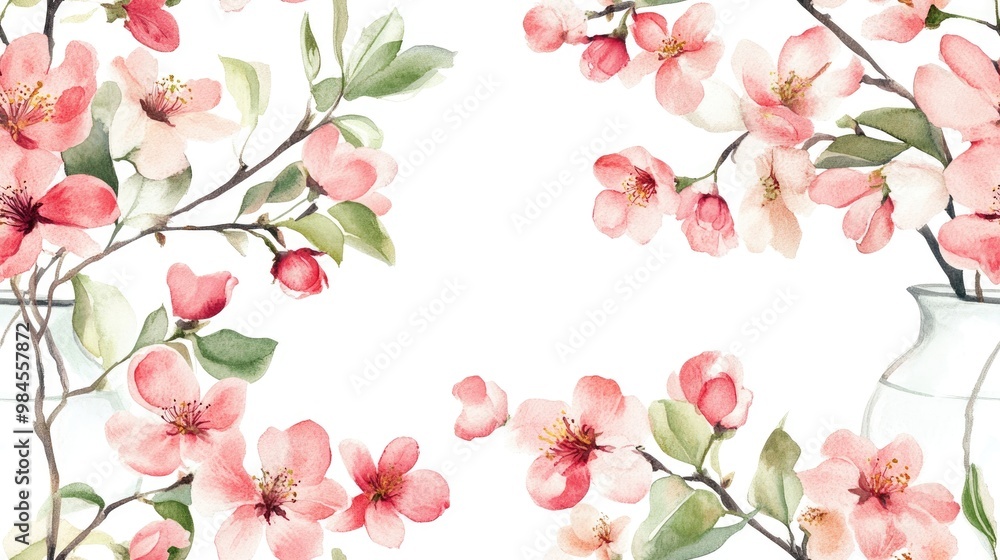 Watercolor seamless pattern featuring bouquet branches with apple blossoms in a vase on a white background Spring flowers and lush foliage for romantic celebrations Artwork suitable for weddings o Watercolor seamless pattern featuring bouquet branches with apple blossoms in a vase on a white background Spring flowers and lush foliage for romantic celebrations Artwork suitable for weddings o