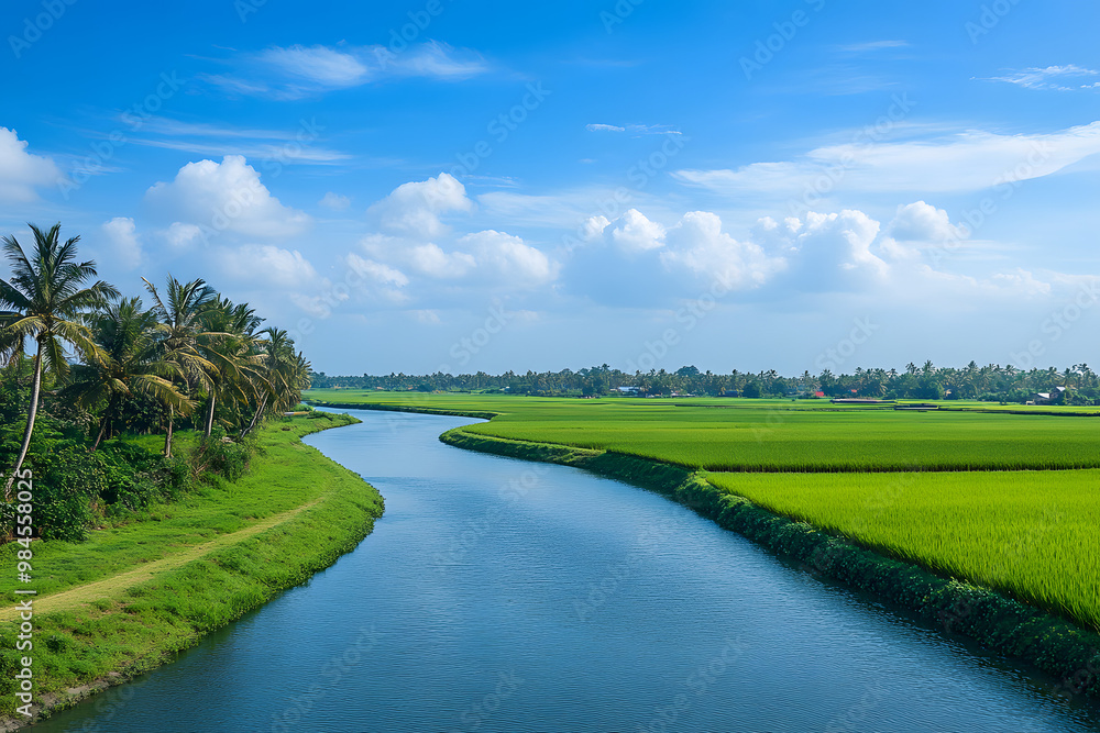 A tranquil scene of a small river flowing alongside paddy fields. A tranquil scene of a small river flowing alongside paddy fields.