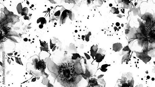 Fototapeta Naklejka Na Ścianę i Meble -  Seamless pattern featuring a contemporary romantic design in black and white incorporating hand drawn flowers and ink splashes Watercolor effect suitable for textiles napkins bandanas and fashion a