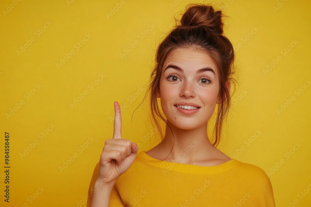 pretty young woman direct fingers empty space isolated on yellow color background pretty young woman direct fingers empty space isolated on yellow color background